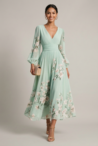 Amy | Floral V Neck Long Sleeve Wedding Guest Midi Dress