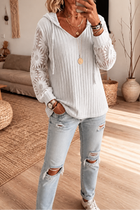 Barbara | Ribbed Knit Hooded Sweater With Floral Lace Sleeves