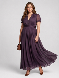 Barbara | Short Sleeve V-Neck Lace Trim Maxi Dress