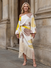 Bonnie | Off Shoulder Fringe Hem Asymmetric Midi Dress