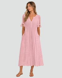 Brenda | Eyelet Midi Dress With Tie Sleeves And Pockets