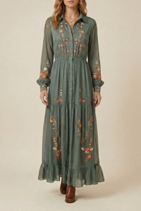 Brenda | Floral Embroidered Shirt Collar Maxi Dress