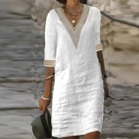 Brenda | Relaxed Linen Midi Dress with Crochet V-Neck