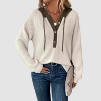 Catherine | Waffle Knit Henley Top with Drawstring Collar