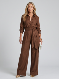 Cindy | Long Sleeve Button Front Wide Leg Jumpsuit