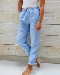 Darlene | Light Blue Linen Pants with Drawstring Elastic Waist