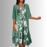 Deborah | Floral Print Midi Dress with Layered Sheer Overlay