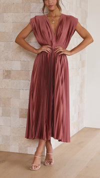 Deborah | Pleated V-Neck Wedding Guest Midi Dress with Cap Sleeves