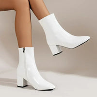 Debra | White Pointed Toe Ankle Boots with Block Heel
