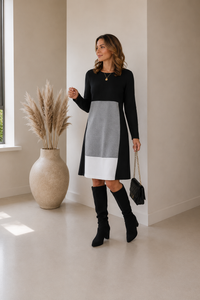 Donna | Colorblock Long Sleeve Midi Sweater Dress