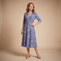 Donna | Floral Midi Dress with V-Neck and Three-Quarter Sleeves