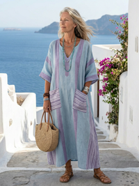 Gloria | Bohemian Striped Linen Maxi Dress with Pockets