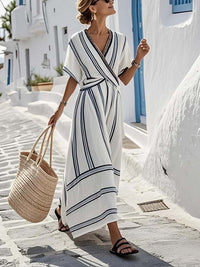 Heather | Striped Wrap Maxi Dress with Short Sleeves
