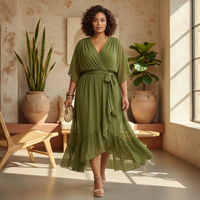Karen | Wrap V-Neck High-Low Midi Dress with Tie Belt