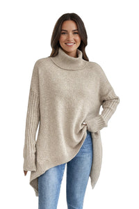 Kathy | Asymmetrical Draped Hem Turtleneck Sweater