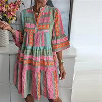 Kathy | Geometric Print Tiered Mini Dress with 3/4 Sleeves