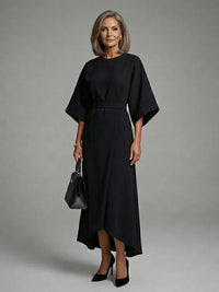 Kim | Belted Asymmetric Midi Dress With Cape Sleeves