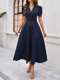Kim | V-Neck Puff Sleeve Ruched Waist Midi Dress