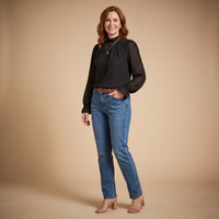 Kimberly | Pleated Mock Neck Blouse with Sheer Chevron Sleeves