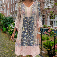 Laura | Bohemian Floral Midi Dress with Lace Trim