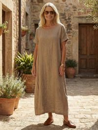 Laura | Linen Midi Dress with Rolled Sleeves and Round Neckline