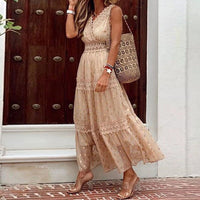 Linda | Sleeveless Lace V-Neck Tiered Maxi Dress with Polka Dot Print