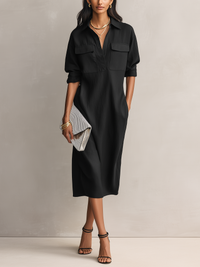 Lisa | Shirt Collar Long Sleeve Midi Dress With Pockets