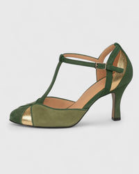 Lynn | T-Strap Suede Pumps with Gold Accent