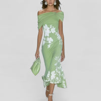 Marilyn | Floral Off Shoulder Mermaid Midi Dress with Ruffle Hem