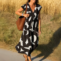 Michelle | V-Neck Cap Sleeve Maxi Dress With Abstract Print
