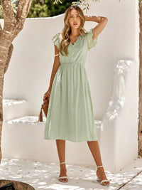 Rebecca | V-Neck Midi Dress with Flutter Sleeves and Button Front