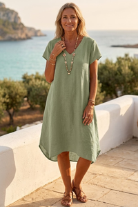 Sarah | Linen V-Neck Midi Dress
