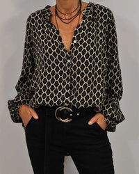 Sharon | Geometric Print Blouse with Ruffle Collar