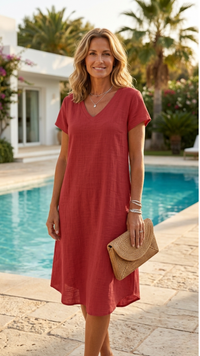 Sharon | Relaxed V-Neck Linen Midi Dress