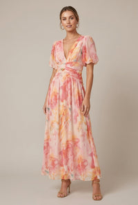 Sheila | Floral Deep V Neck Maxi Dress with Puff Sleeves
