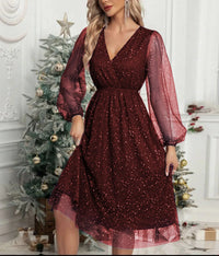 Sheila | Sequin V-Neck Midi Dress with Mesh Sleeves