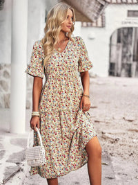 Sheila | V-Neck Floral Print Tiered Midi Dress with Ruffle Sleeves
