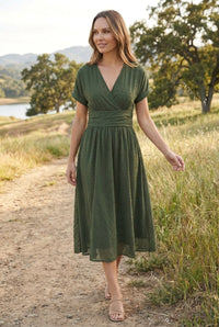 Shirley | V-Neck Wrap Midi Dress with Pleated Waist