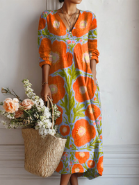 Vanessa | Floral Print Midi Dress with V-Neck and Long Sleeves